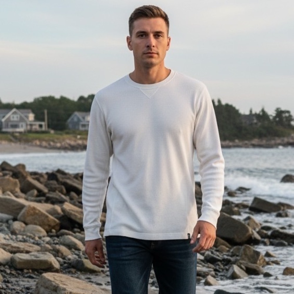 Stio Mens Waffle Knit Thermal Crew Neck Shirt Cream‎ Long Sleeve FW24LEN4 M